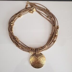 Joan Rivers Beaded Multi Strand Necklace Hammered Gold Tone‎ Medallion Pendant